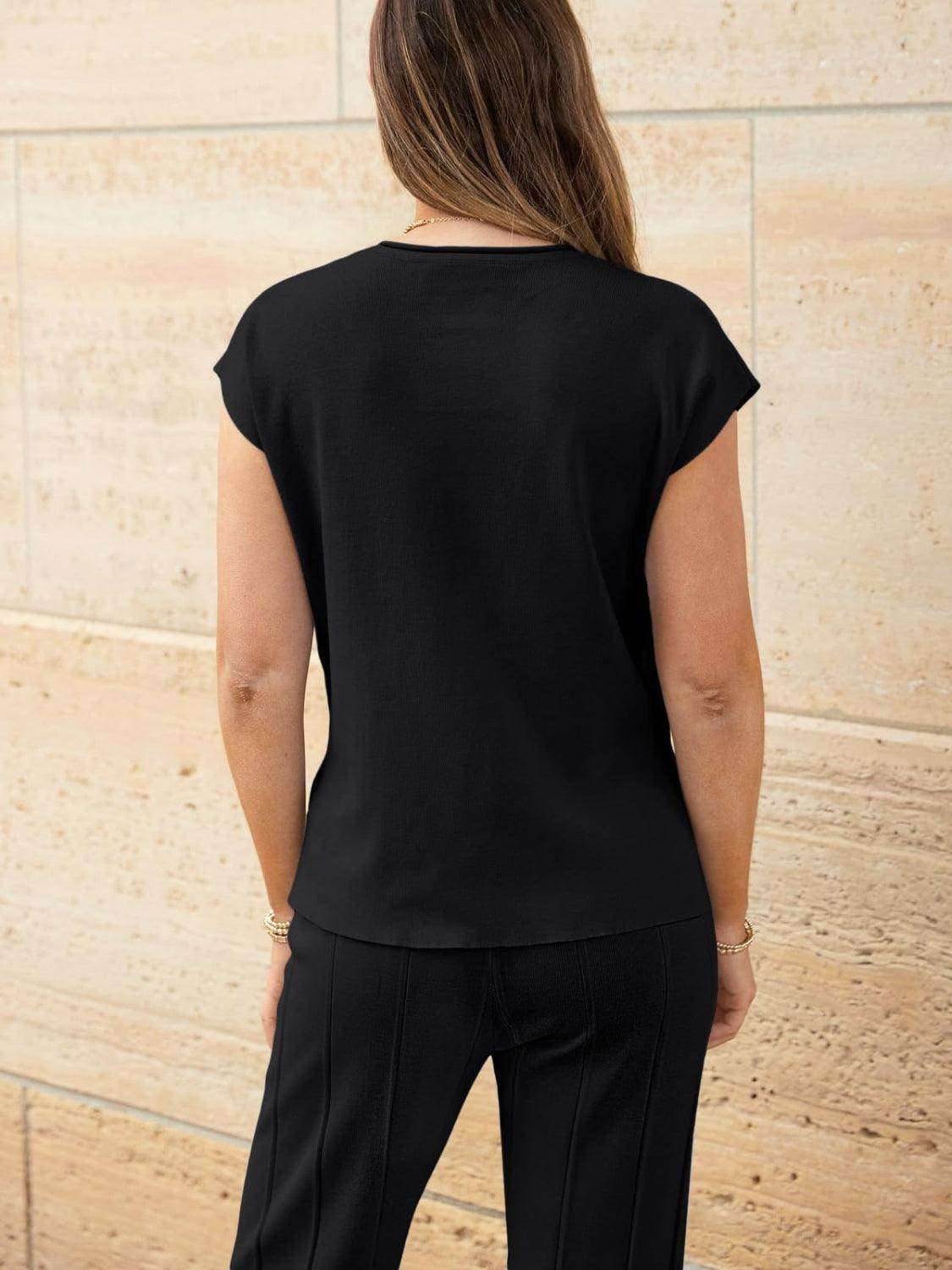 Round Neck Cap Sleeve Top and Pants Knit Set for Women - Selvanelle