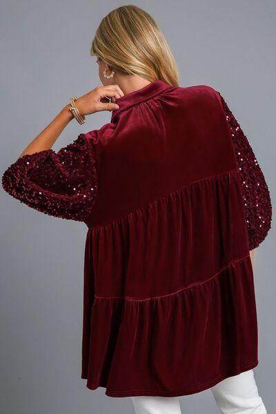Umgee Sequin Detail Tiered Back Half Sleeve Shirt for Women - Selvanelle