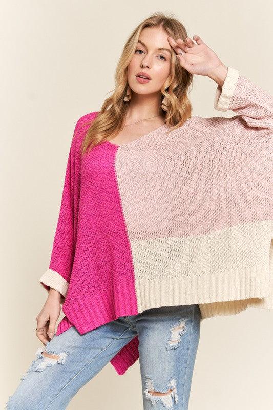 ADORA Side Slit Color Block Long Sleeve Sweater for Women