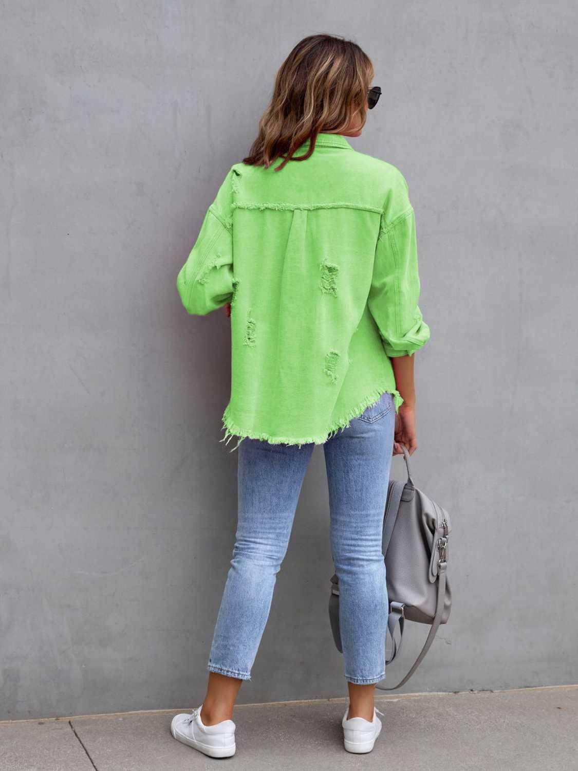 Distressed Drop Shoulder Denim Jacket for Casual Style - Selvanelle
