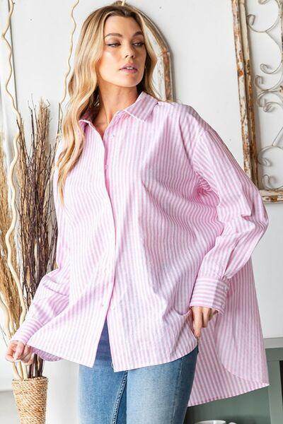 First Love Full Size Striped Button Down High-Low Shirt - Selvanelle
