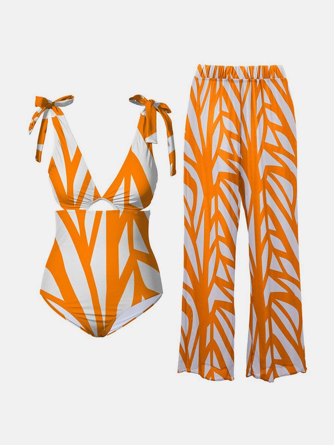 FAM-FAM Printed Tie Shoulder Swimwear and Pants Swim Set - Selvanelle