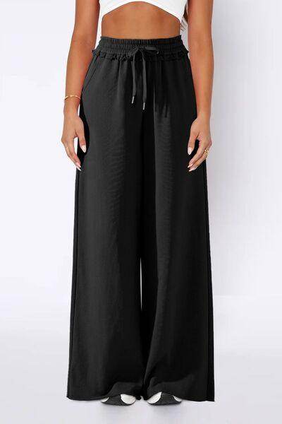High Waist Wide Leg Pants with Pockets and Frill Detail - Selvanelle