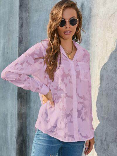 Full Size Collared Neck Long Sleeve Shirt Plus Size Women - Selvanelle