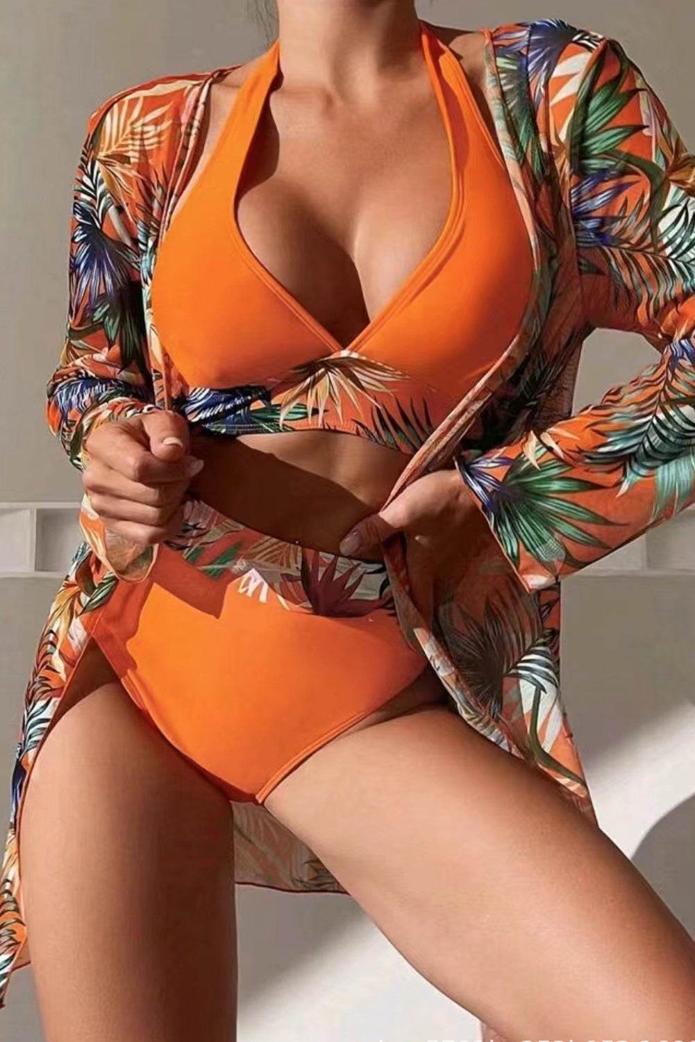 Printed Halter Neck Three-Piece Swim Set - Selvanelle