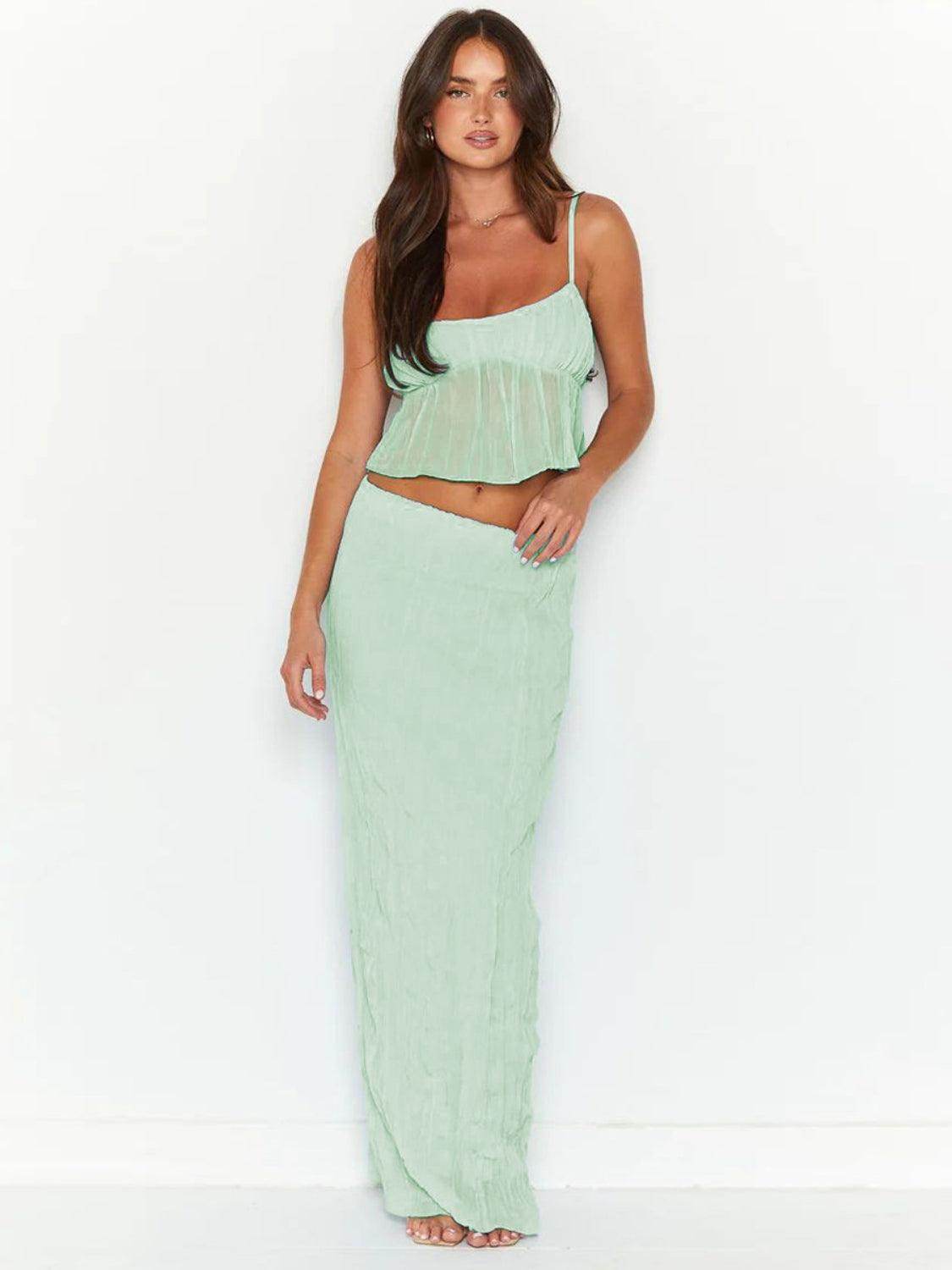 Square Neck Sleeveless Top and Ruched Skirt Set for Women - Selvanelle