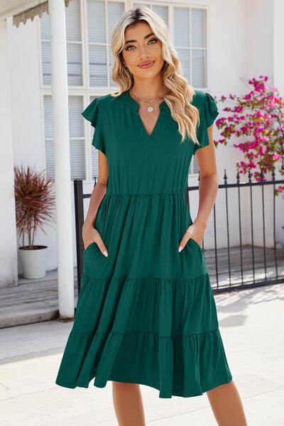 Ruched Notched Cap Sleeve Dress with Pockets and Stretch - Selvanelle