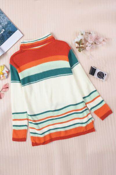 Contrast Striped Turtleneck Dropped Shoulder Sweater for Women - Selvanelle