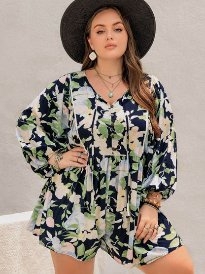 Plus Size Tied Printed Long Sleeve Romper - Selvanelle