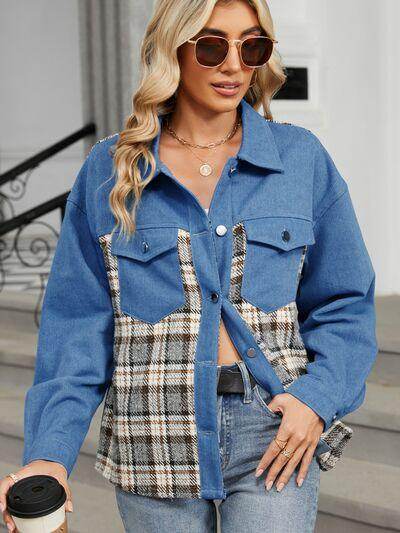 Plaid Button Up Long Sleeve Denim Jacket for Women - Selvanelle