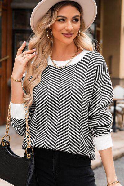 Striped Round Neck Long Sleeve Sweater for Women Fashion - Selvanelle
