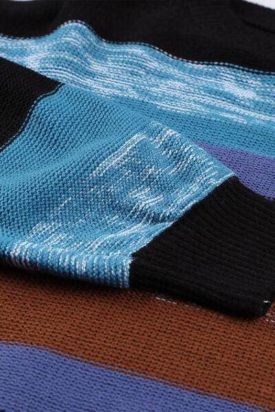 Contrast Striped Round Neck Drop Shoulder Sweater for Women - Selvanelle