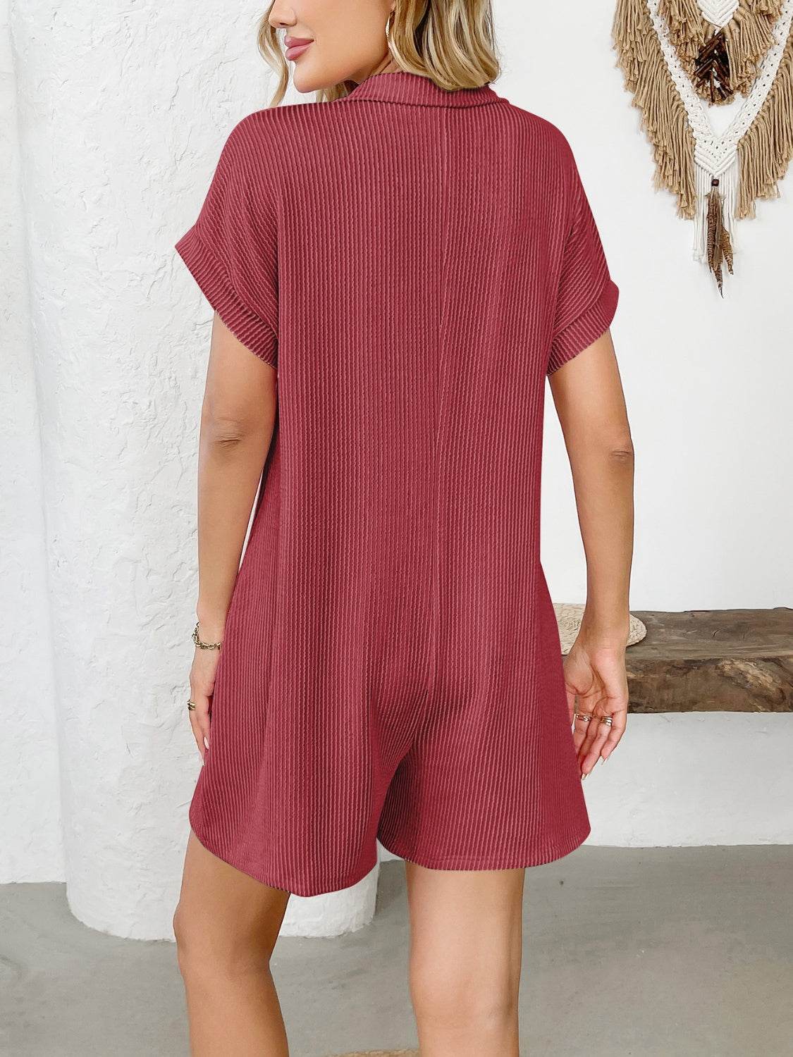 Button Detail Collared Neck Short Sleeve Romper - Selvanelle
