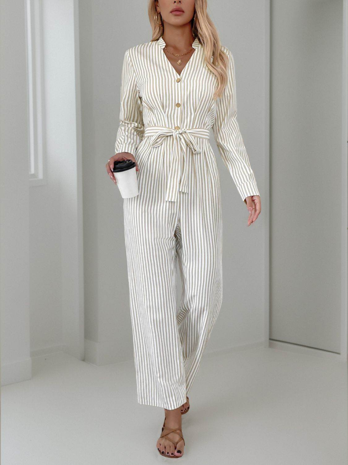 Striped Notched Long Sleeve Tie Waist Jumpsuit - Selvanelle