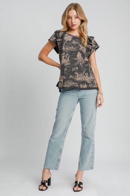 Umgee Ruffled Landscape Print Short Sleeve French Terry Top - Selvanelle