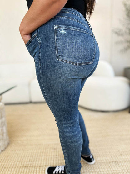 Judy Blue Full Size Mid Waist Distressed Slim Jeans For Women - Selvanelle
