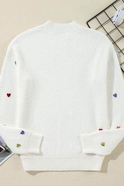 Heart Sequin Round Neck Long Sleeve Sweater for Women - Selvanelle