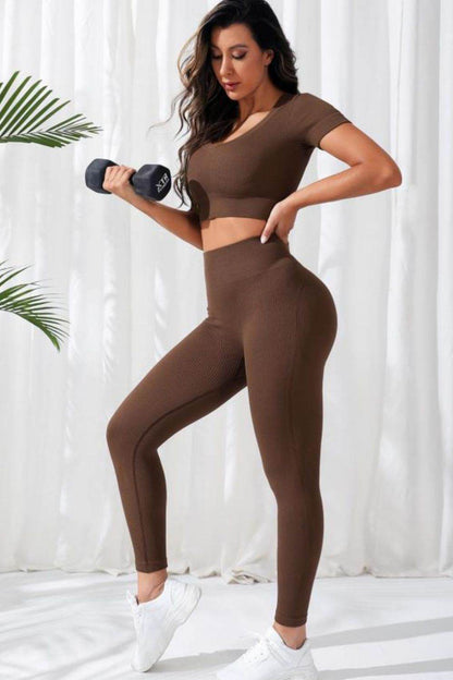 V-Neck Crop Top and High Waistband Long Active Pants - Selvanelle