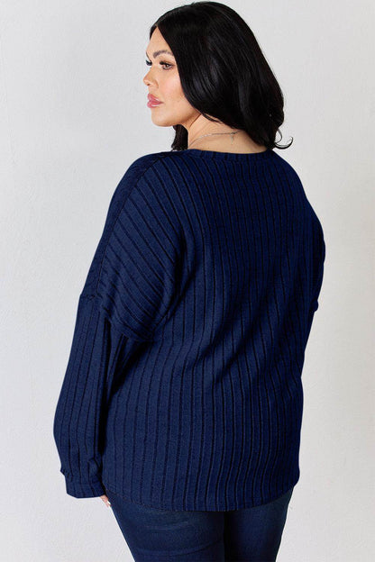 Basic Bae Full Size Ribbed Half Button Long Sleeve T-Shirt - Selvanelle