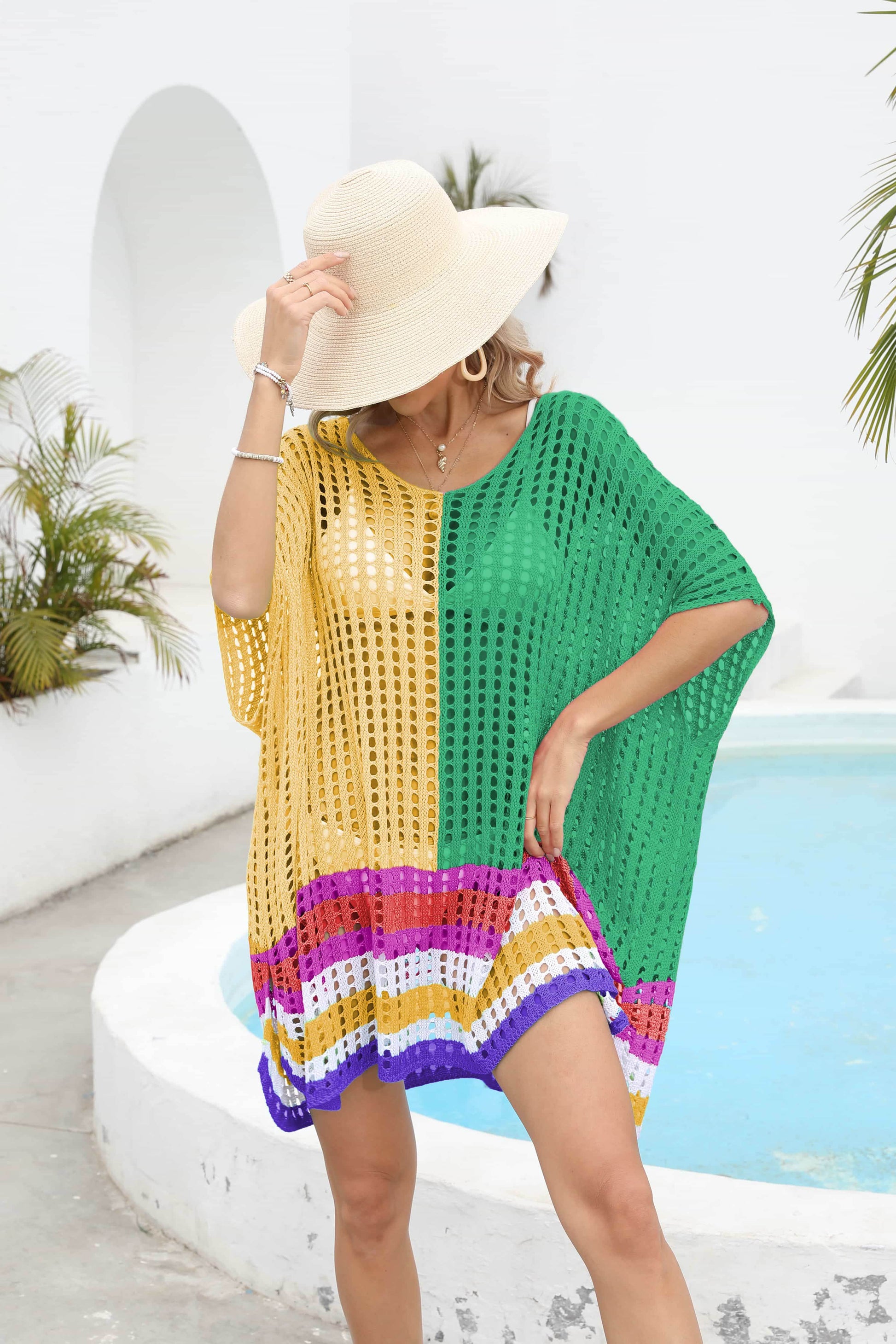 Contrast Scoop Neck Openwork Half Sleeve Cover Up - Selvanelle