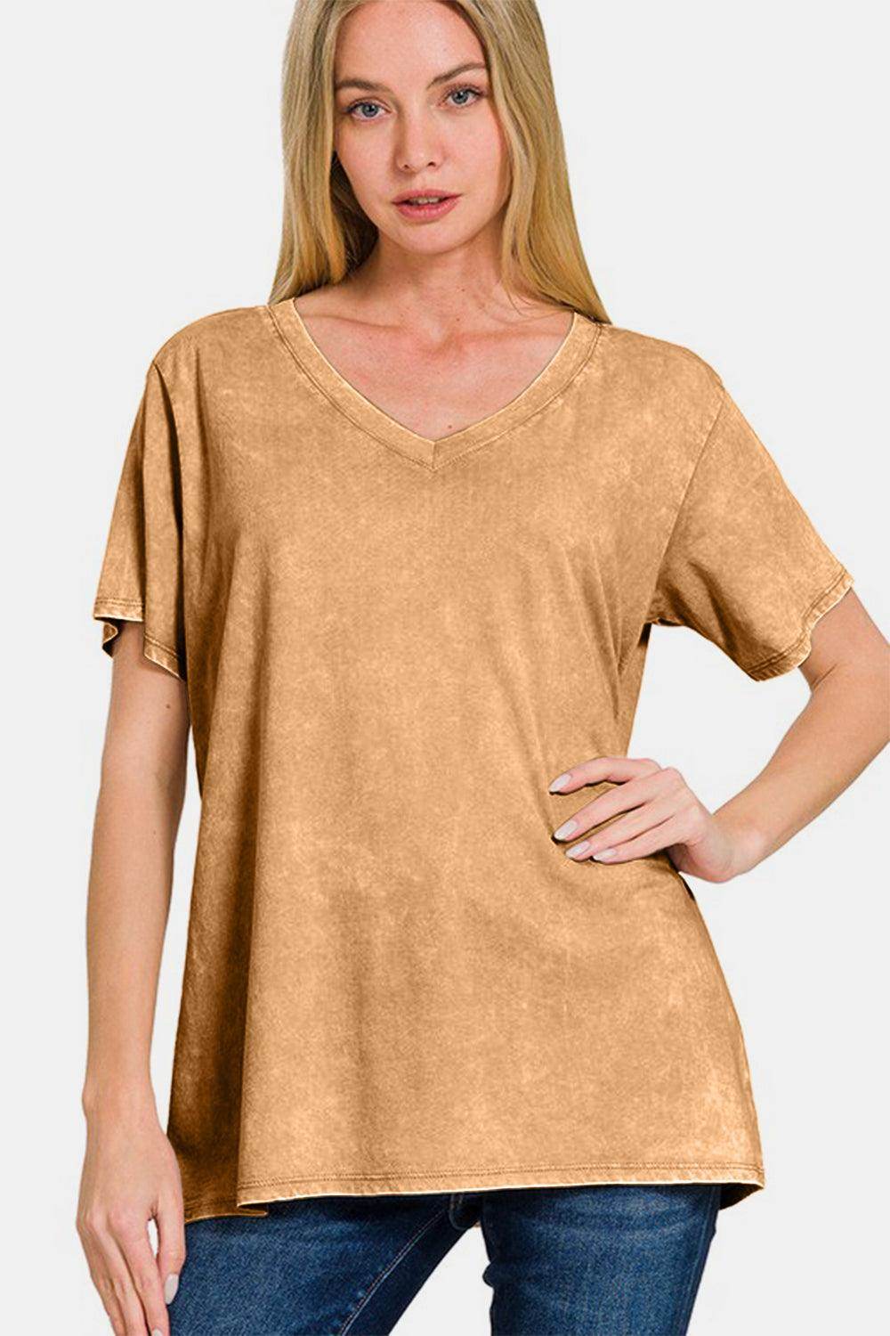 Zenana Full Size Washed Short Sleeve V-Neck T-Shirt for Women - Selvanelle