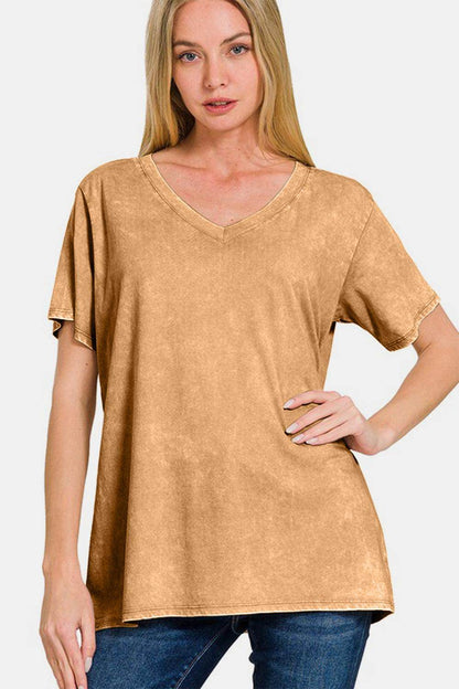 Zenana Full Size Washed Short Sleeve V-Neck T-Shirt for Women - Selvanelle