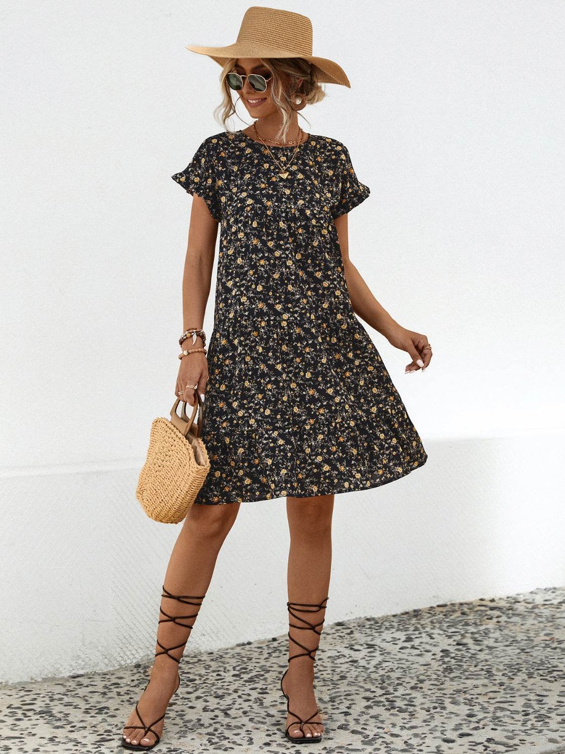 Frill Floral Round Neck Short Sleeve Tiered Dress - Selvanelle