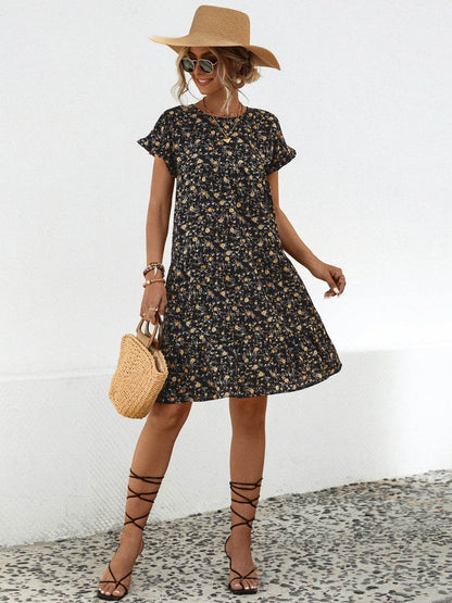 Frill Floral Round Neck Short Sleeve Tiered Dress - Selvanelle