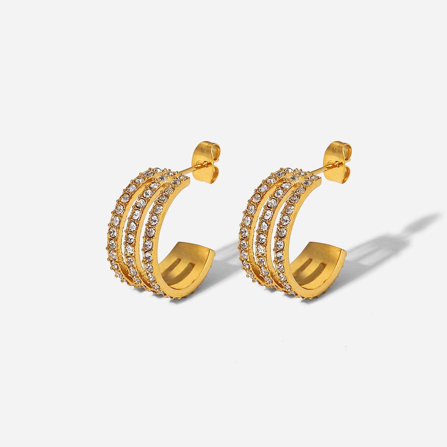 Stainless Steel Inlaid Zircon C-Hoop Earrings for Women - Selvanelle
