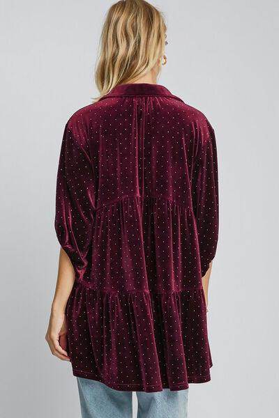 Umgee Full Size Polka Dot Button Up Half Sleeve Shirt - Selvanelle