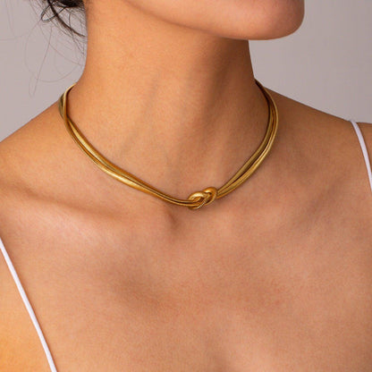 Double Layered Knot Herringbone Choker Necklace in Silver - Selvanelle