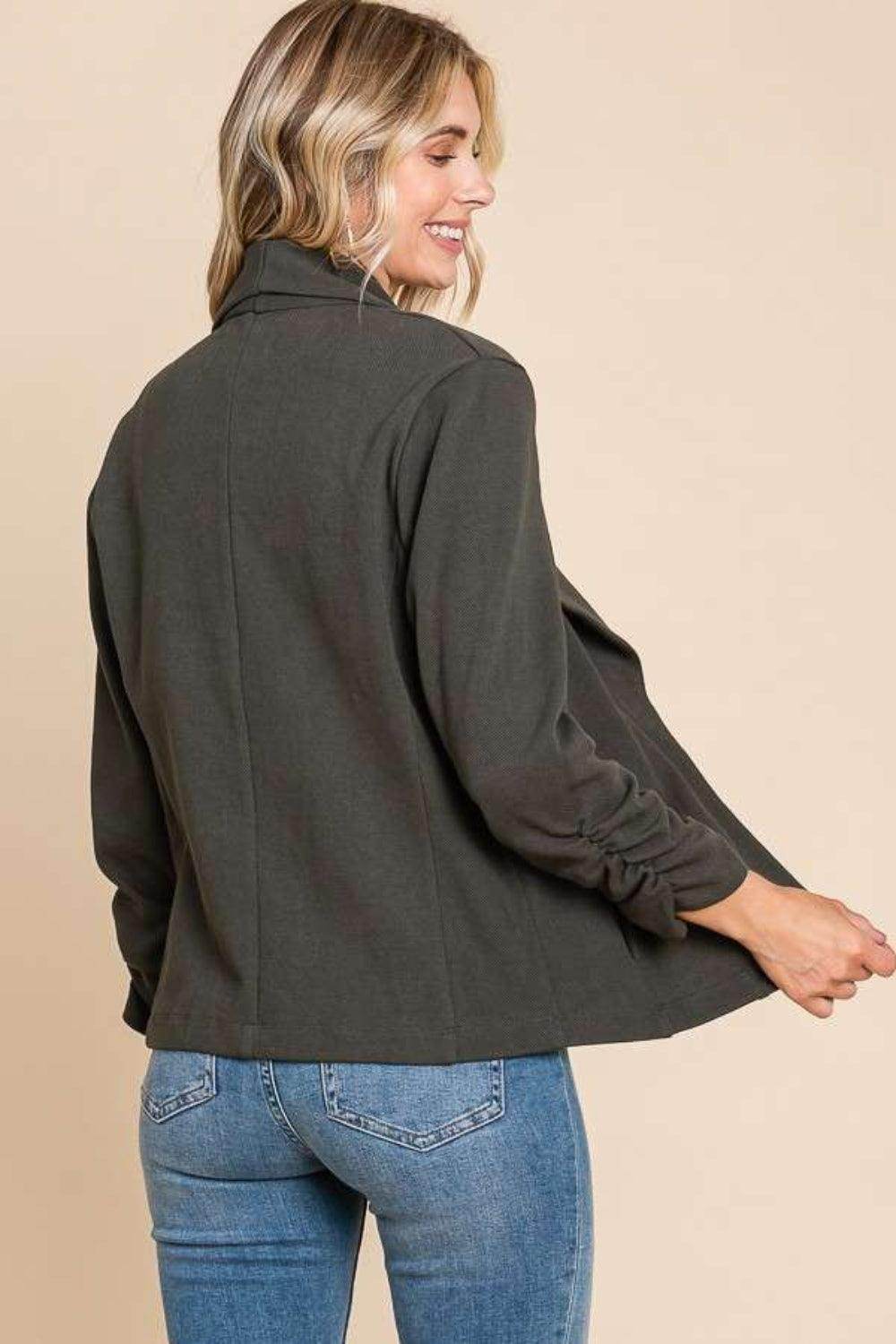 Culture Code Full Size Ruched Open Front Long Sleeve Jacket - Selvanelle