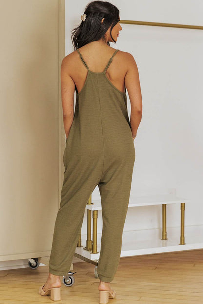 Spaghetti Strap Deep V Jumpsuit with Pockets - Selvanelle