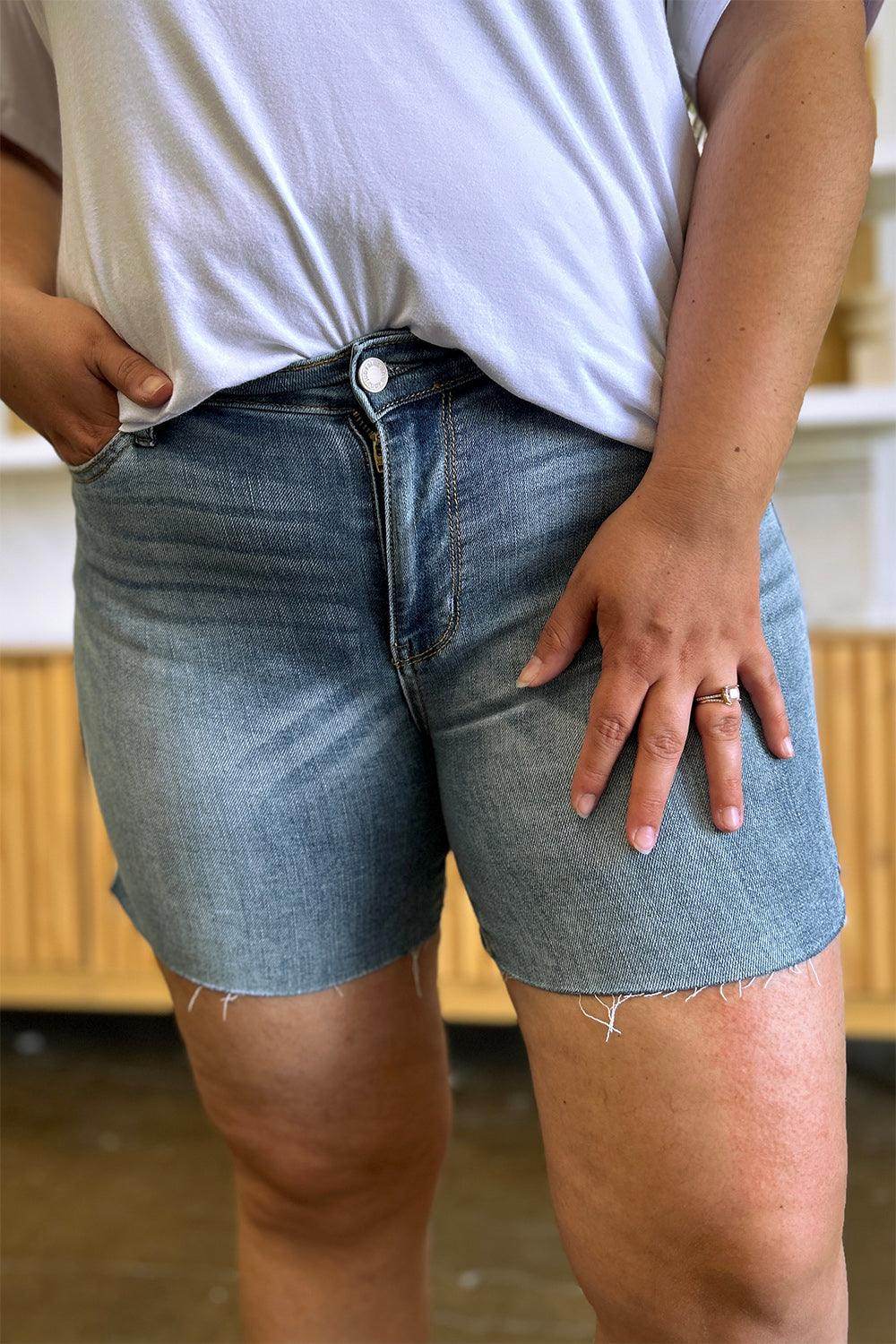 Judy Blue Full Size High Waist Raw Hem Denim Shorts for Women - Selvanelle