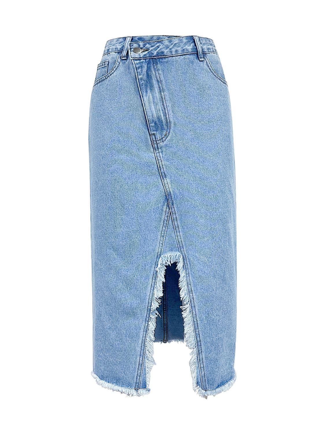 Raw Hem Slit Midi Denim Skirt for Effortless Style