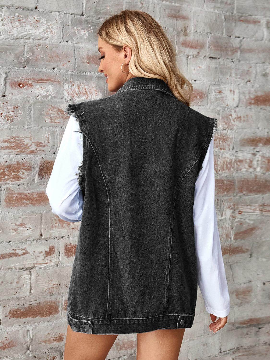 Raw Hem Sleeveless Button Up Denim Jacket for Women - Selvanelle