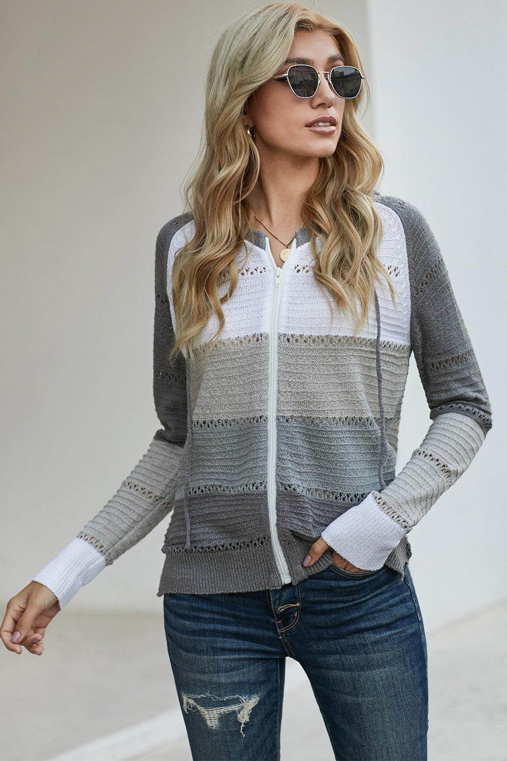 Zip-Up Raglan Sleeve Openwork Hooded Cardigan for Women - Selvanelle