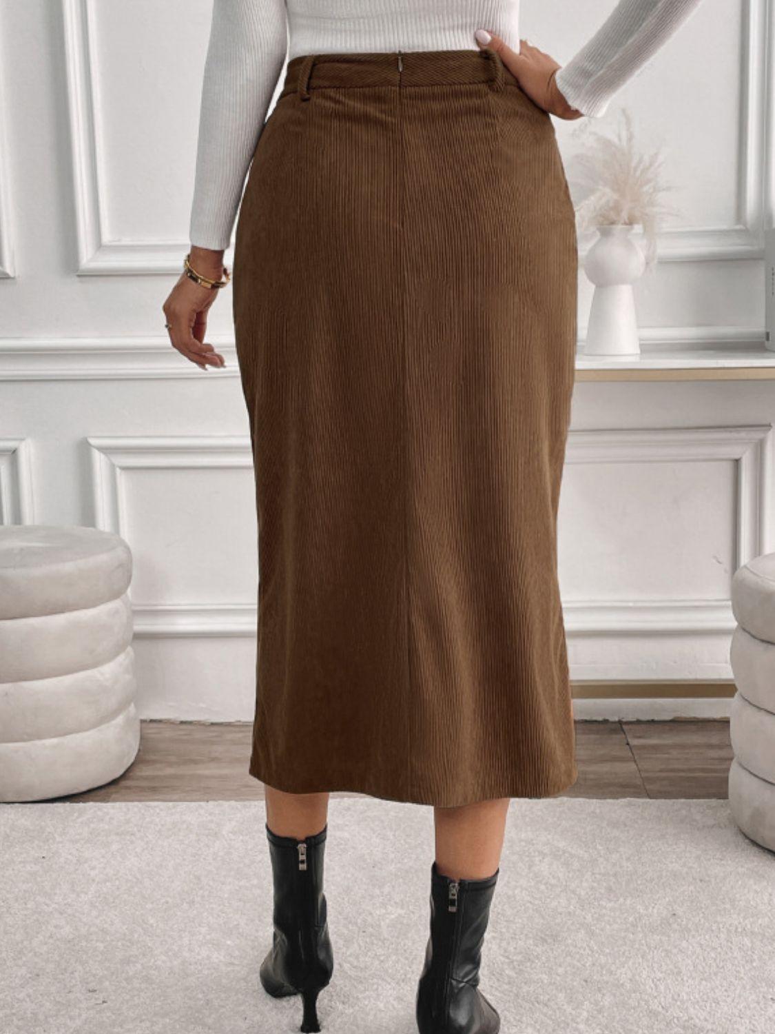 Perfee Slit Midi Skirt with Pockets for Stylish Comfort