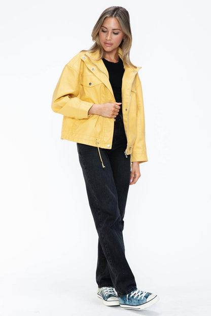 How Dare U Drawstring Hem PU Leather Zip Up Jacket for Women - Selvanelle