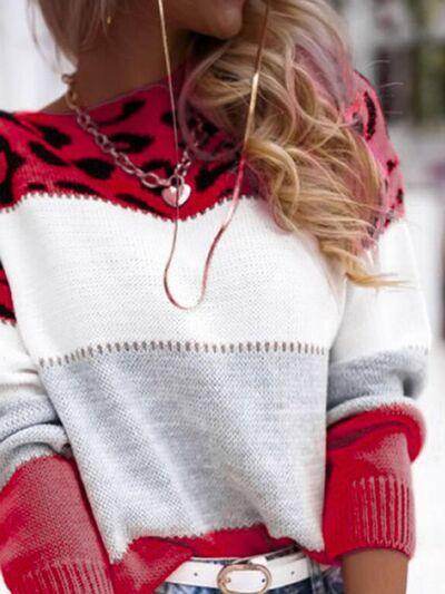 Leopard Color Block Round Neck Long Sleeve Sweater for Women - Selvanelle