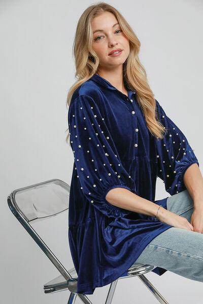 Umgee Pearl Detail Collared Neck Velvet Babydoll Blouse - Selvanelle