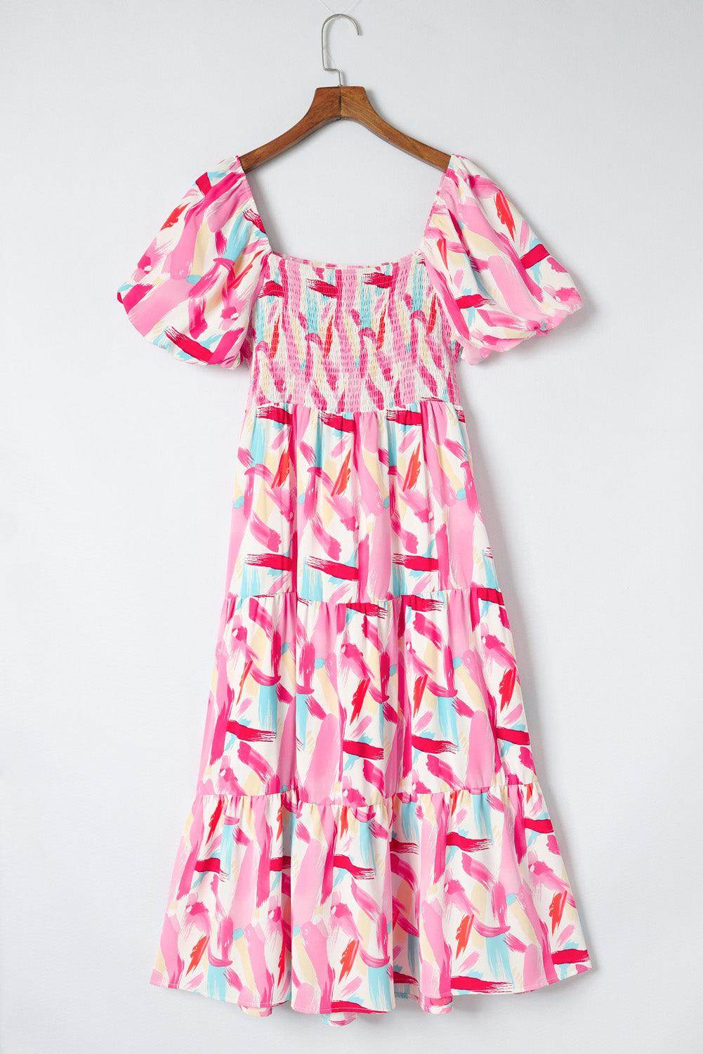 Chic Printed Square Neck Tied Smocked Dress for Women - Selvanelle