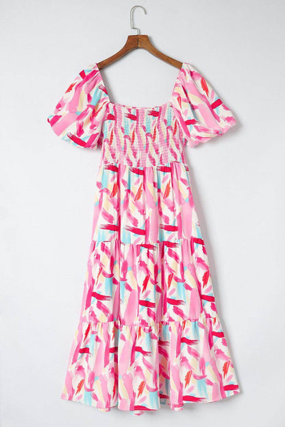 Chic Printed Square Neck Tied Smocked Dress for Women - Selvanelle