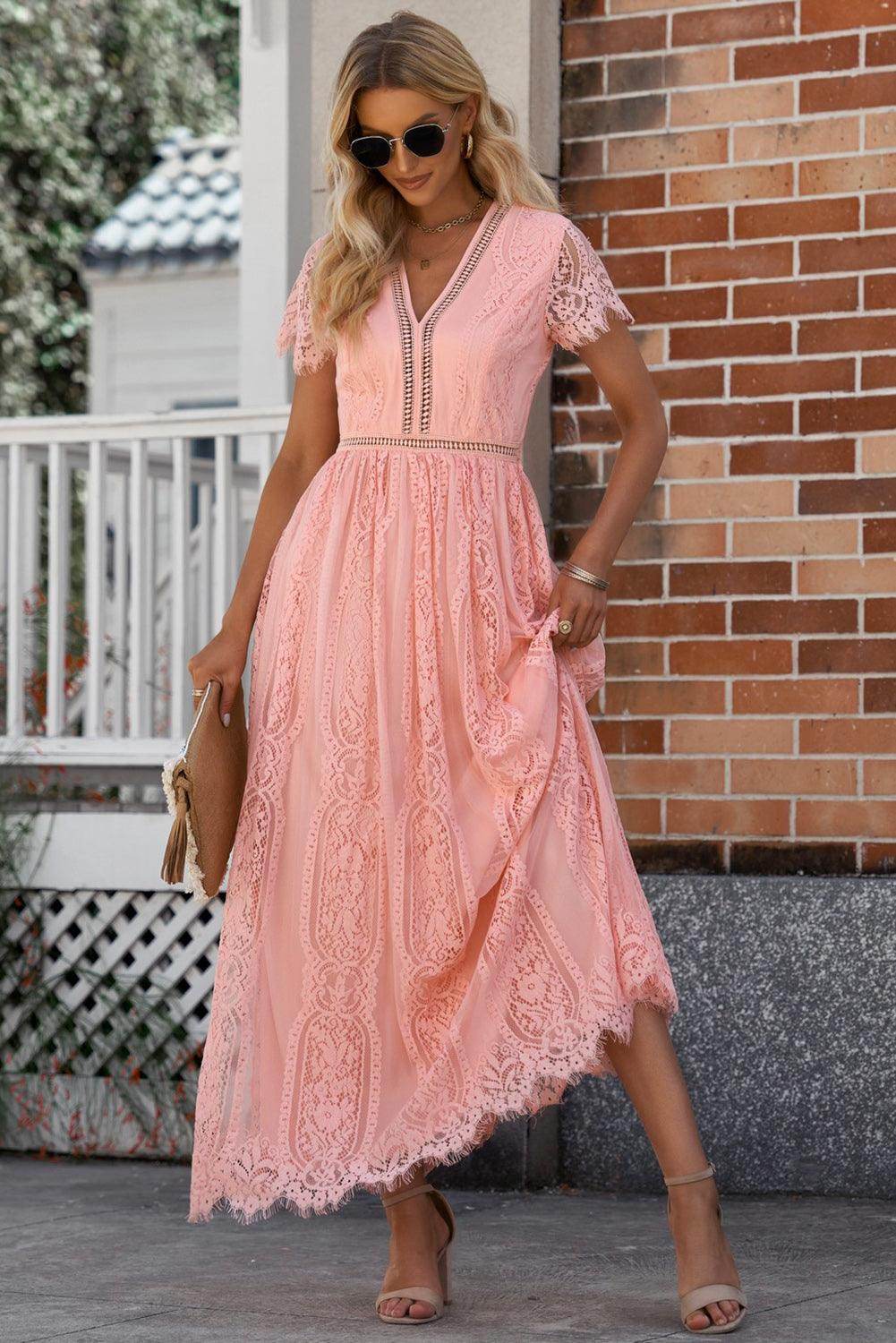 Scalloped Trim Lace Plunge Dress for Elegant Occasions - Selvanelle