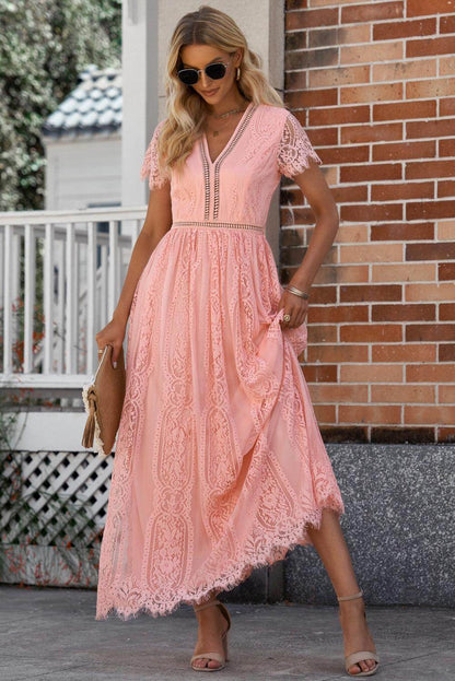 Scalloped Trim Lace Plunge Dress for Elegant Occasions - Selvanelle
