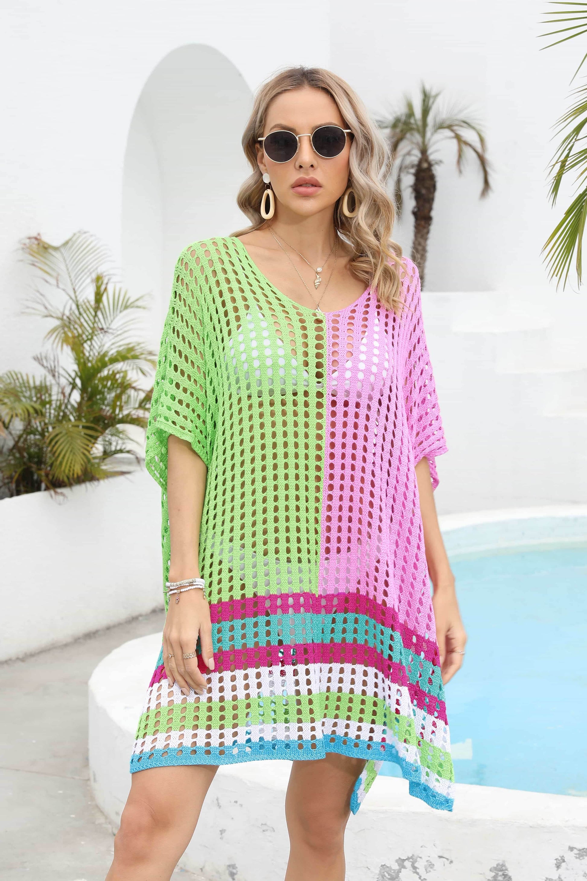 Contrast Scoop Neck Openwork Half Sleeve Cover Up - Selvanelle