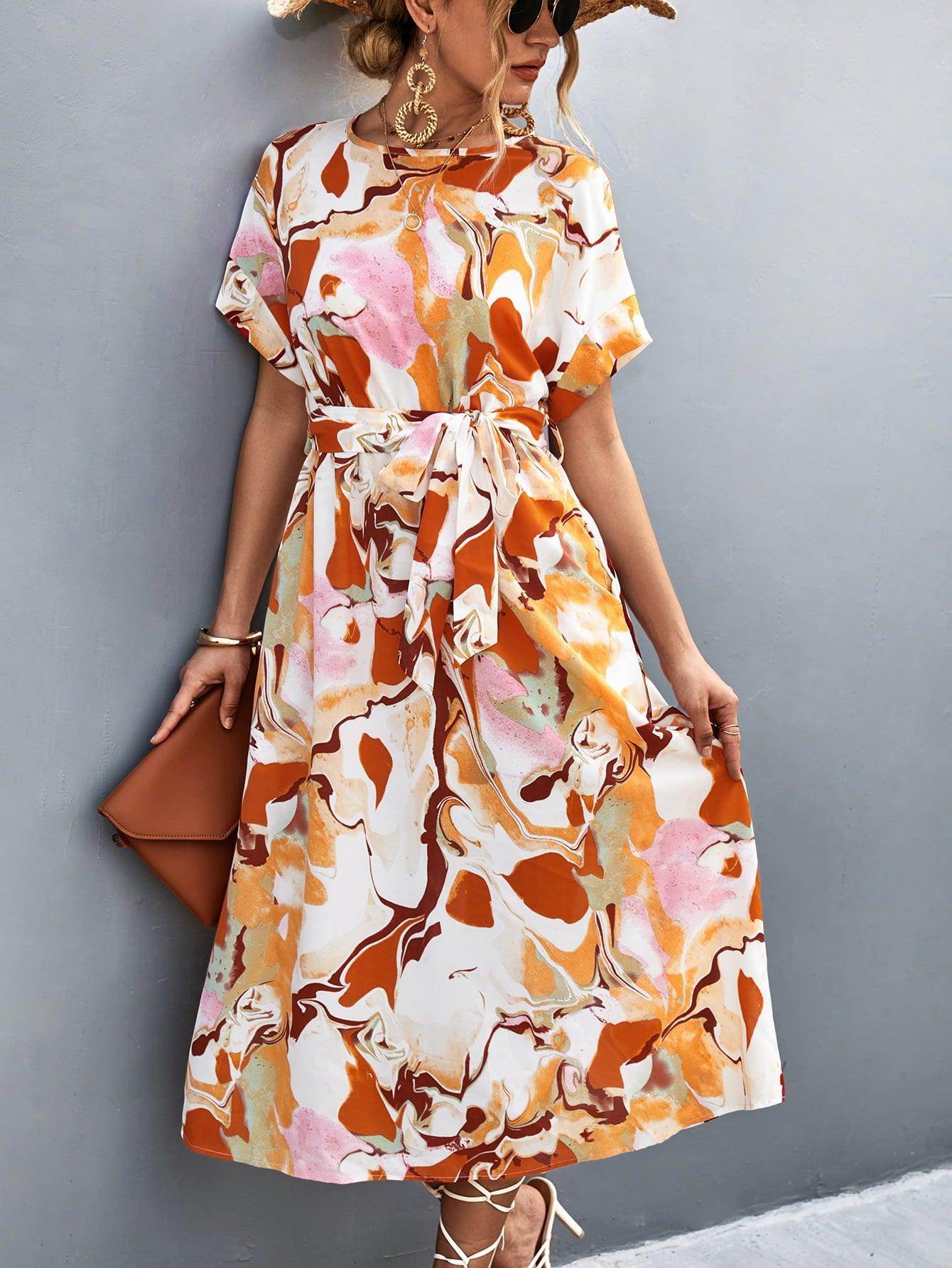 Round Neck Short Sleeve Tie Waist Midi Dress for Women - Selvanelle