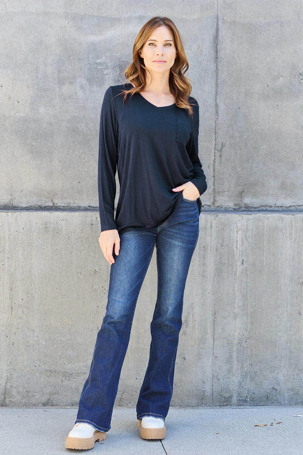 Basic Bae Full Size V-Neck Long Sleeve Top for Women - Selvanelle