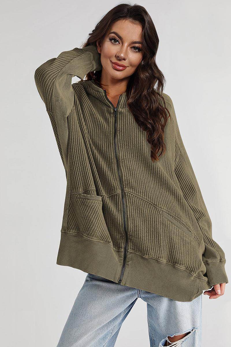 Zip-Up Long Sleeve Jacket with Hood and Pockets for Comfort - Selvanelle