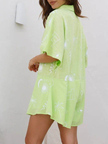 Printed Collared Neck Half Sleeve Romper - Selvanelle